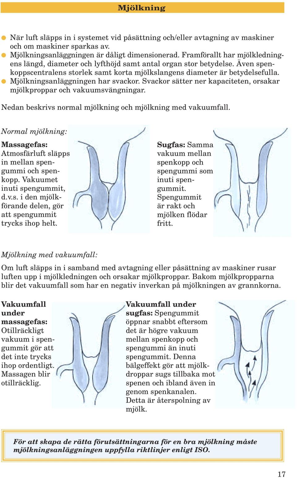 Mjölkningsanläggningen har svackor. Svackor sätter ner kapaciteten, orsakar mjölkproppar och vakuumsvängningar. Nedan beskrivs normal mjölkning och mjölkning med vakuumfall.