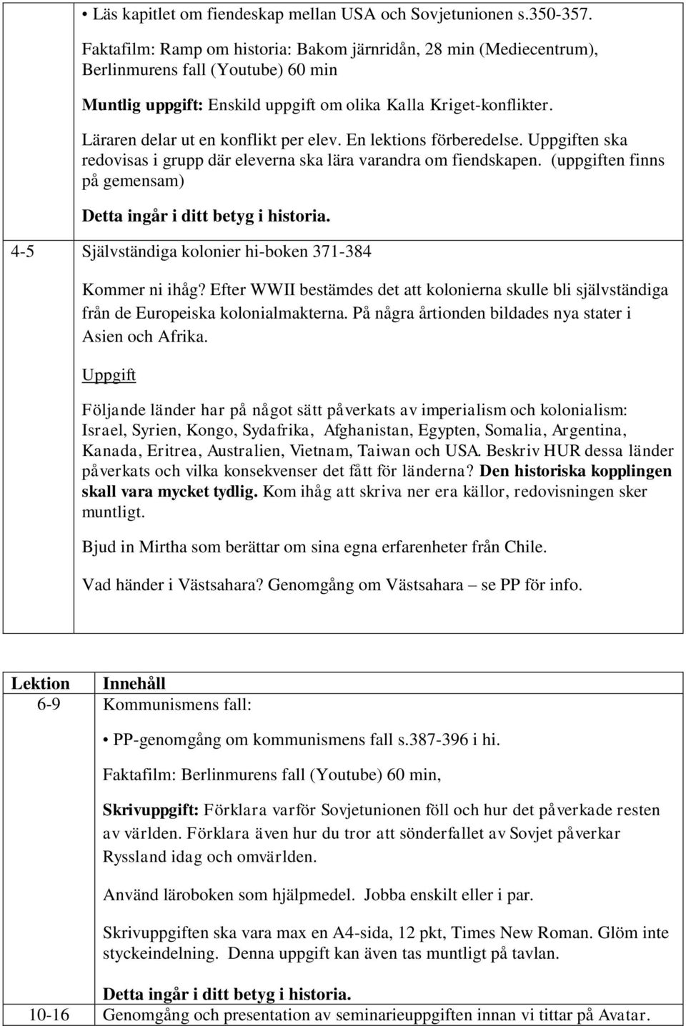 Läraren delar ut en konflikt per elev. En lektions förberedelse. Uppgiften ska redovisas i grupp där eleverna ska lära varandra om fiendskapen.