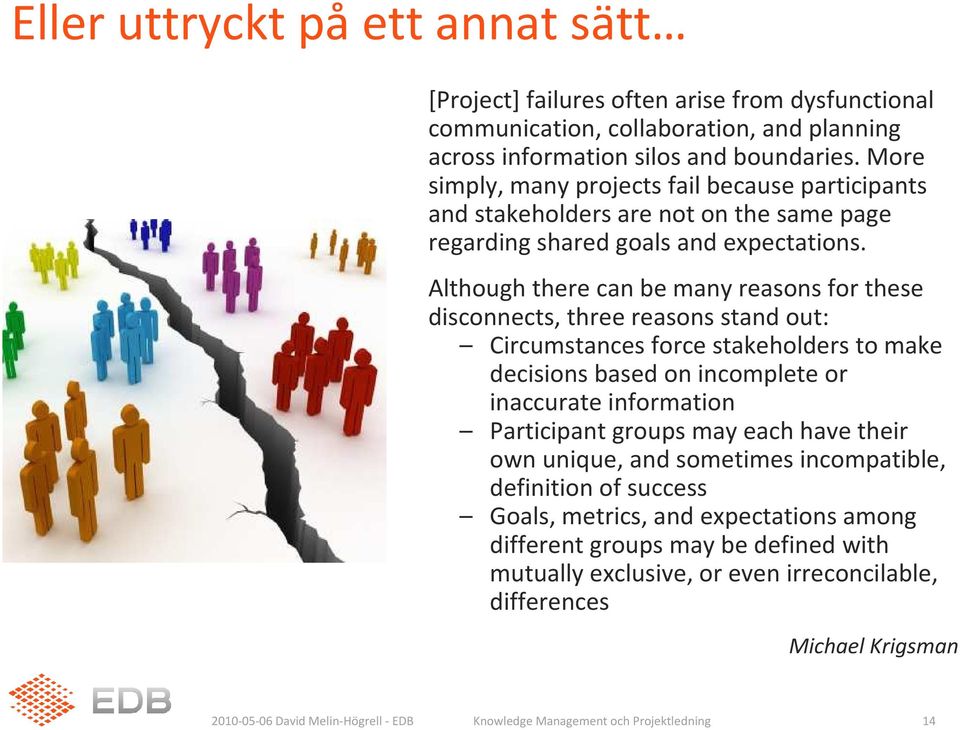 Although there can be many reasons for these disconnects, three reasons stand out: Circumstances force stakeholders to make decisions based on incomplete or inaccurate information Participant