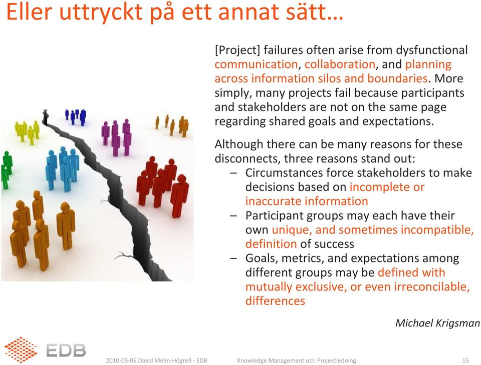 Although there can be many reasons for these disconnects, three reasons stand out: Circumstances force stakeholders to make decisions based on incomplete or inaccurate information Participant