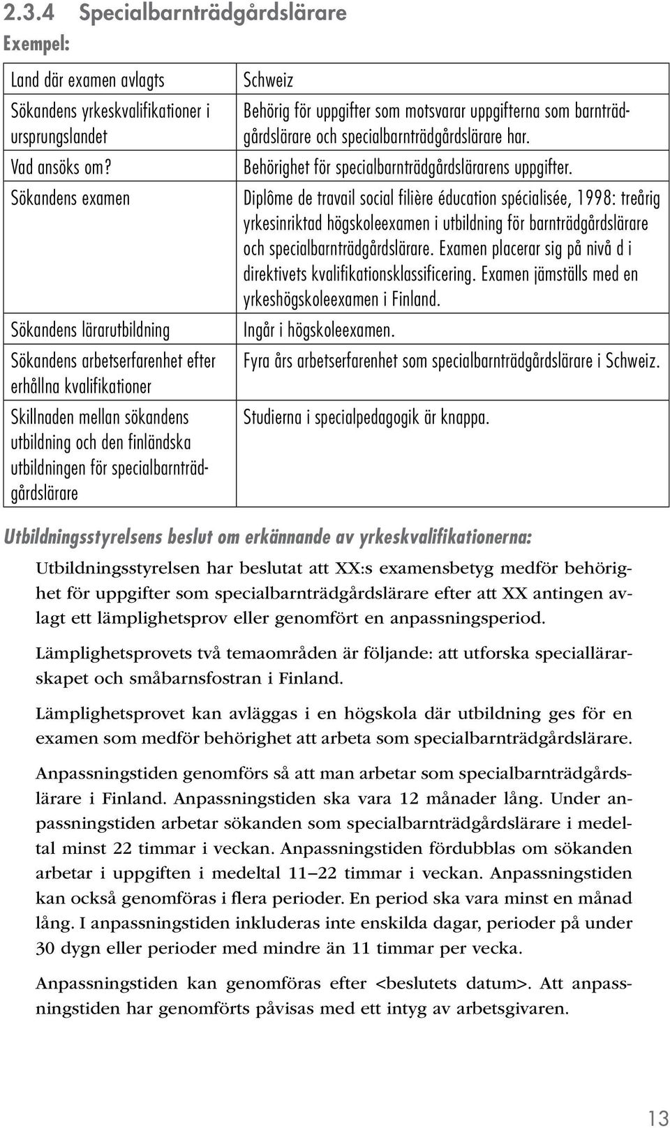 specialbarnträdgårdslärare Schweiz Behörig för uppgifter som motsvarar uppgifterna som barnträdgårdslärare och specialbarnträdgårdslärare har. Behörighet för specialbarnträdgårdslärarens uppgifter.