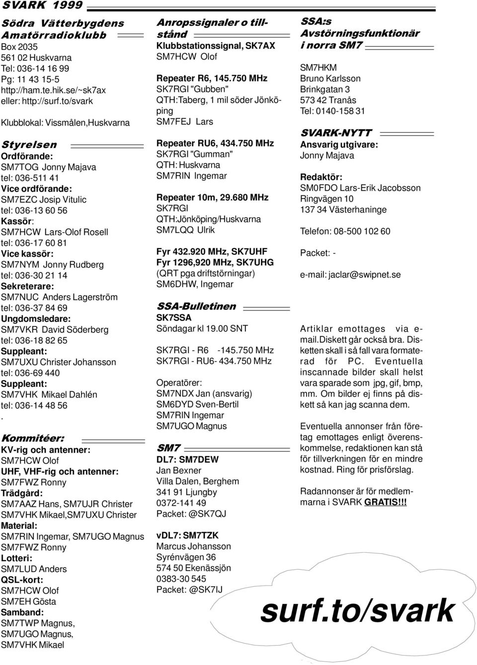 60 81 Vice kassör: SM7NYM Jonny Rudberg tel: 036-30 21 14 Sekreterare: SM7NUC Anders Lagerström tel: 036-37 84 69 Ungdomsledare: SM7VKR David Söderberg tel: 036-18 82 65 Suppleant: SM7UXU Christer