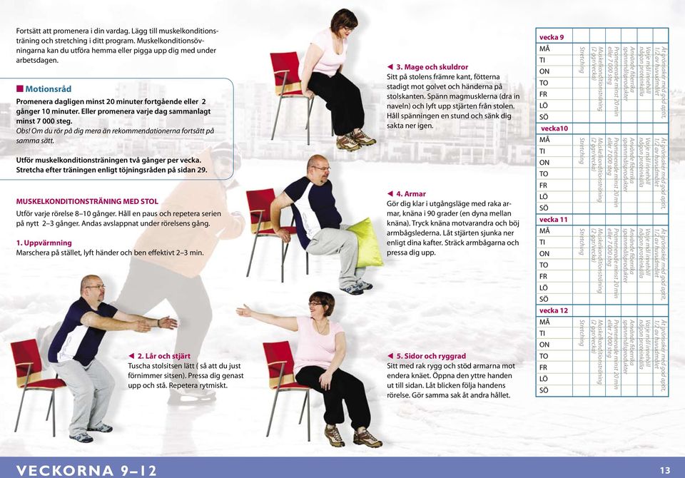 Om du rör på dig mera än rekommendationerna fortsätt på samma sätt. Utför muskelkonditionsträningen två gånger per vecka. Stretcha efter träningen enligt töjningsråden på sidan 29.