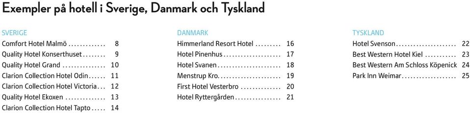.. 14 Danmark Himmerland Resort Hotel... 16 Hotel Pinenhus... 17 Hotel Svanen... 18 Menstrup Kro... 19 First Hotel Vesterbro.