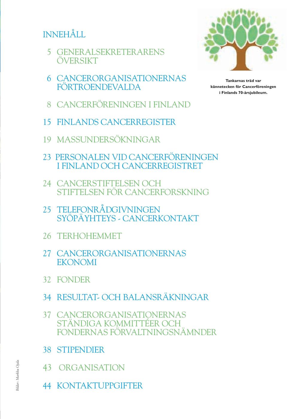 OCH STIFTELSEN FÖR CANCERFORSKNING 25 TELEFONRÅDGIVNINGEN SYÖPÄYHTEYS - CANCERKONTAKT 26 TERHOHEMMET 27 CANCERORGANISATIONERNAS EKONOMI 32 FONDER 34 RESULTAT- OCH