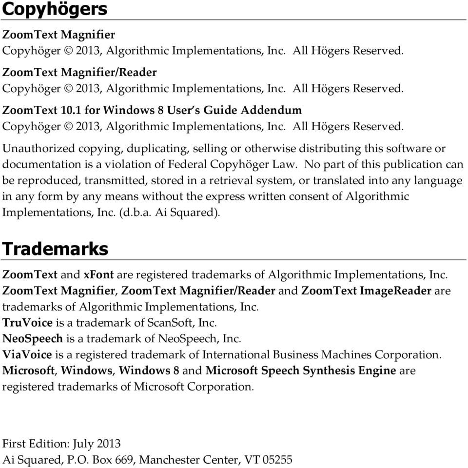 Unauthorized copying, duplicating, selling or otherwise distributing this software or documentation is a violation of Federal Copyhöger Law.