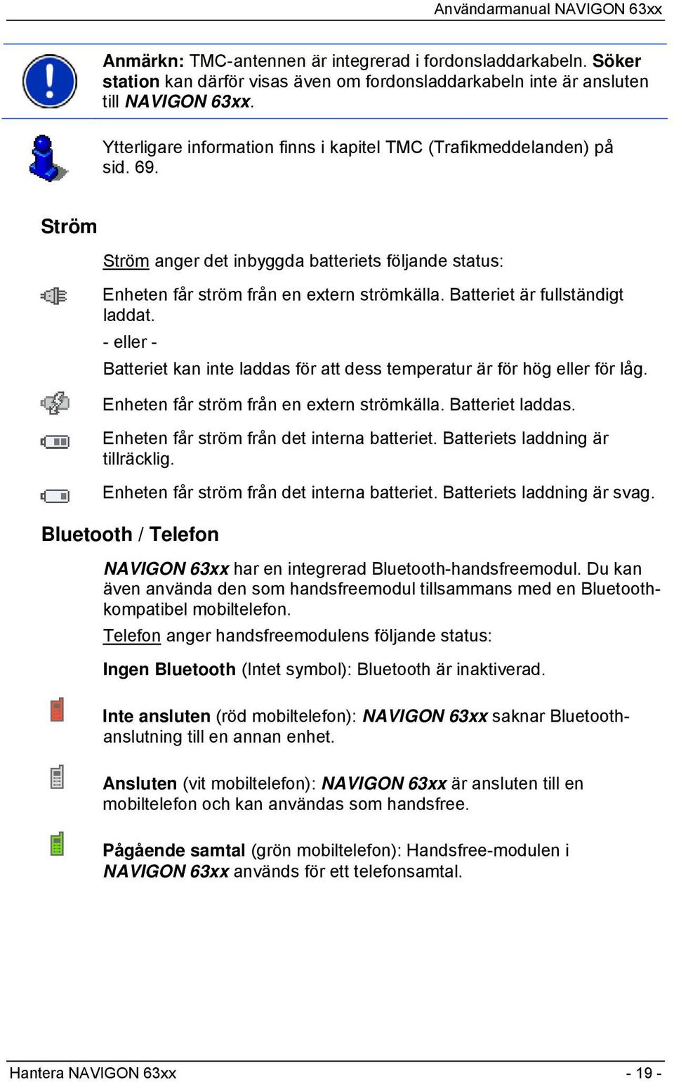 Batteriet är fullständigt laddat. - eller - Batteriet kan inte laddas för att dess temperatur är för hög eller för låg. Enheten får ström från en extern strömkälla. Batteriet laddas.