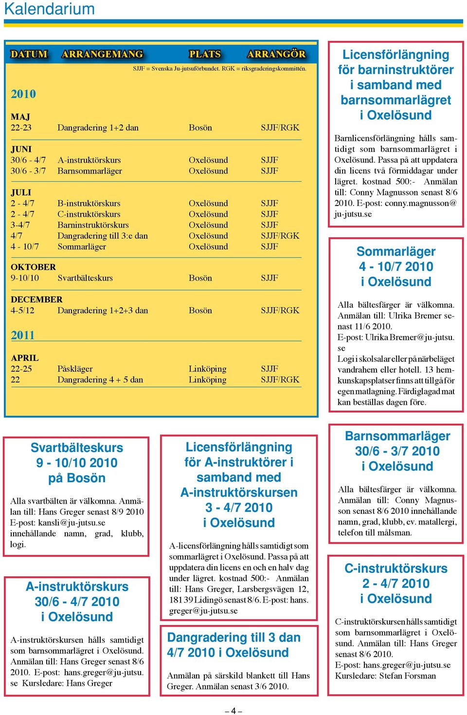 C-instruktörskurs Oxelösund SJJF 3-4/7 Barninstruktörskurs Oxelösund SJJF 4/7 Dangradering till 3:e dan Oxelösund SJJF/RGK 4-10/7 Sommarläger Oxelösund SJJF OKTOBER 9-10/10 Svartbälteskurs Bosön SJJF