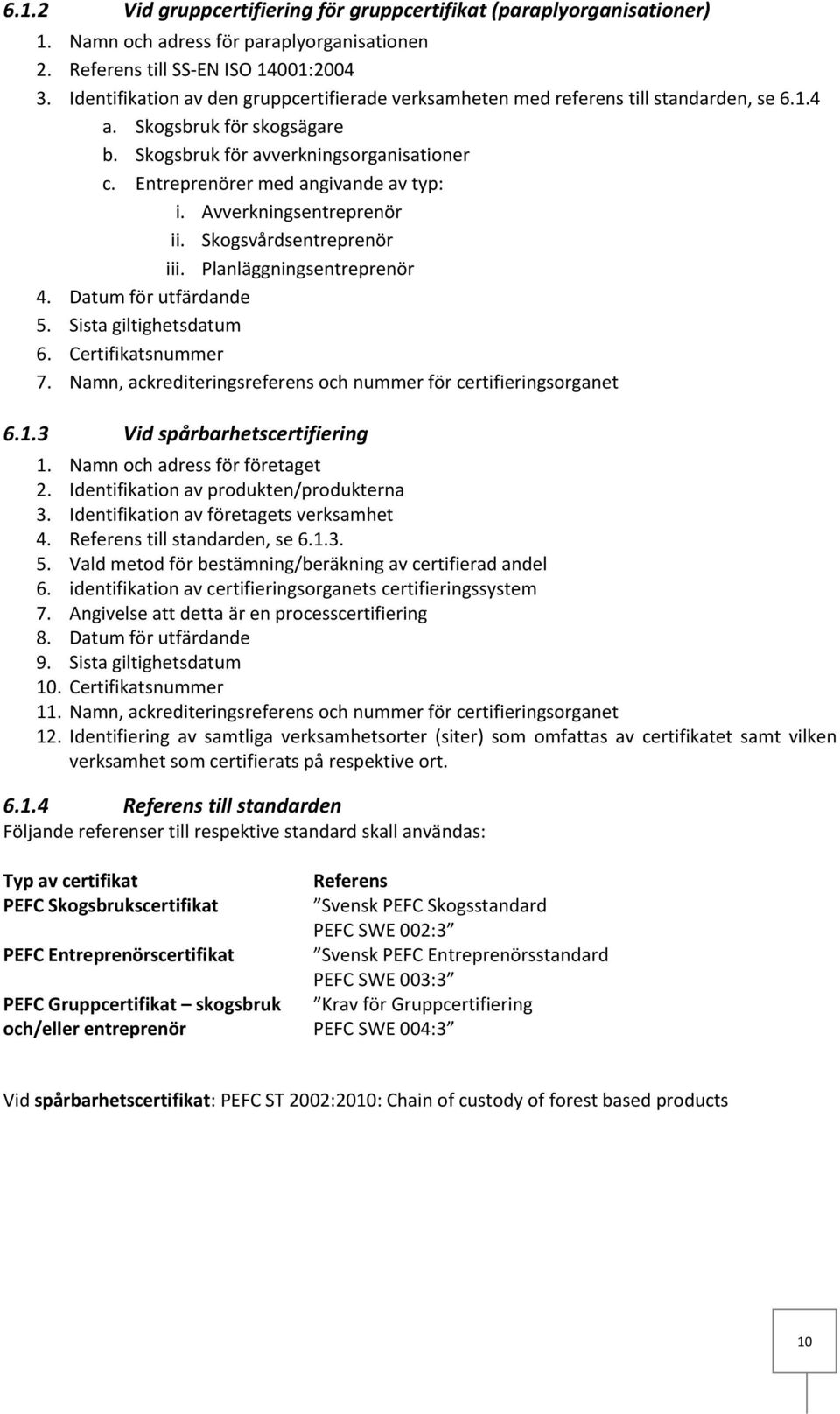 Entreprenörer med angivande av typ: i. Avverkningsentreprenör ii. Skogsvårdsentreprenör iii. Planläggningsentreprenör 4. Datum för utfärdande 5. Sista giltighetsdatum 6. Certifikatsnummer 7.