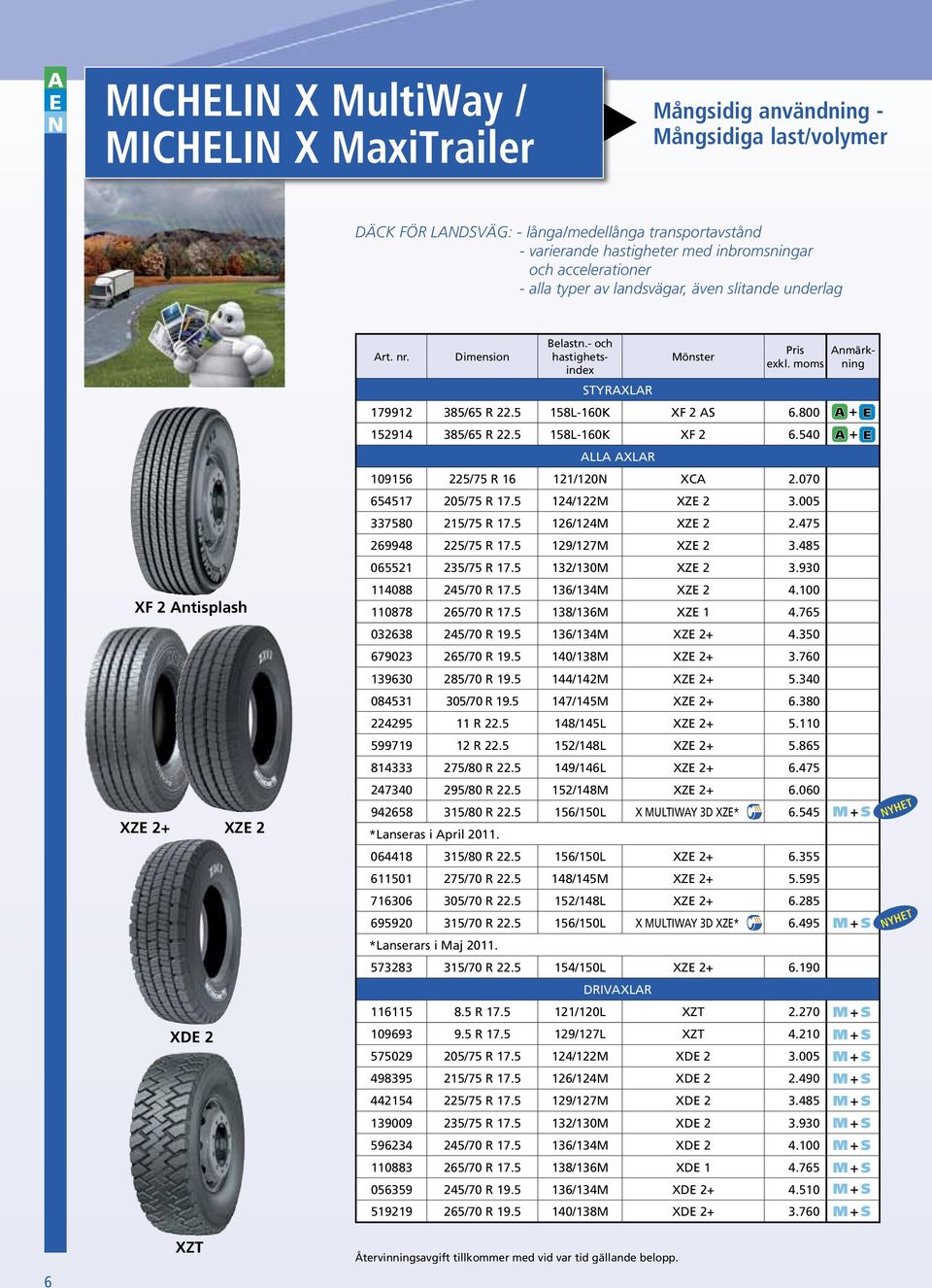 - och hastighetsindex STYR Återvinningsavgift tillkommer med vid var tid gällande belopp. Mönster 179912 385/65 R 22.5 158L-160K XF 2 AS 6.800 152914 385/65 R 22.5 158L-160K XF 2 6.