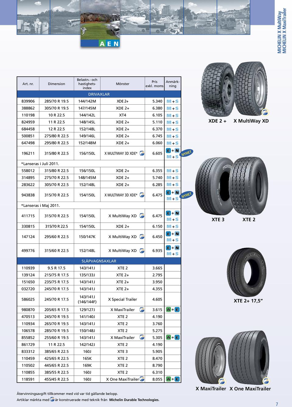 745 647498 295/80 R 22.5 152/148M XDE 2+ 6.060 196211 315/80 R 22.5 156/150L X MULTIWAY 3D XDE* 6.605 *Lanseras i Juli 2011. 558012 315/80 R 22.5 156/150L XDE 2+ 6.355 314895 275/70 R 22.