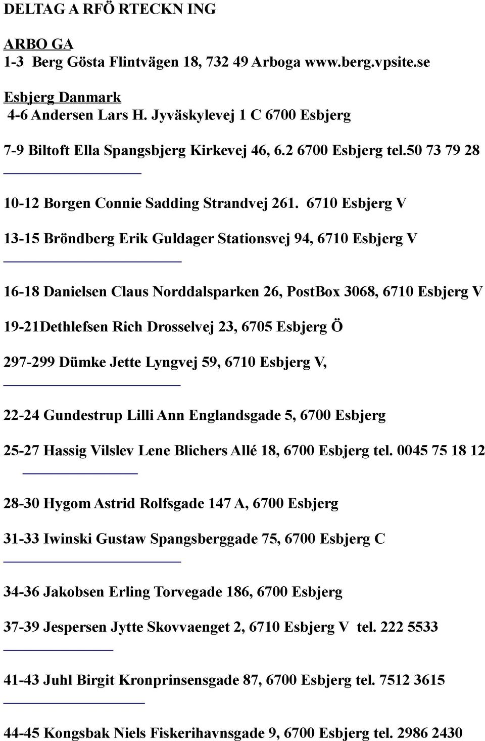 6710 Esbjerg V 13-15 Bröndberg Erik Guldager Stationsvej 94, 6710 Esbjerg V 16-18 Danielsen Claus Norddalsparken 26, PostBox 3068, 6710 Esbjerg V 19-21Dethlefsen Rich Drosselvej 23, 6705 Esbjerg Ö