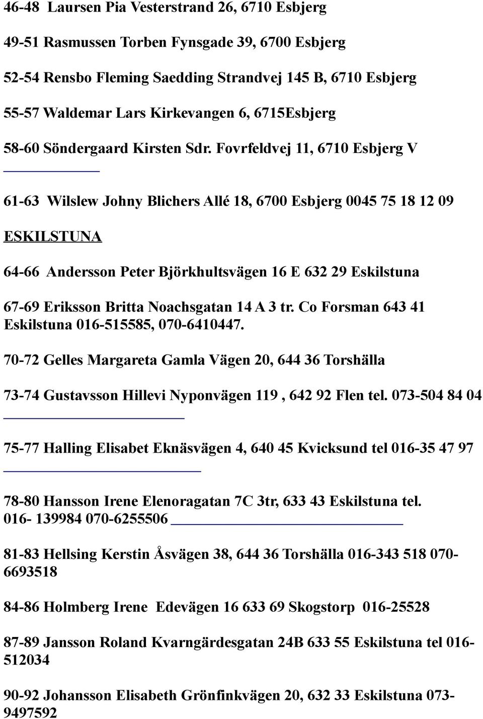 Fovrfeldvej 11, 6710 Esbjerg V 61-63 Wilslew Johny Blichers Allé 18, 6700 Esbjerg 0045 75 18 12 09 ESKILSTUNA 64-66 Andersson Peter Björkhultsvägen 16 E 632 29 Eskilstuna 67-69 Eriksson Britta