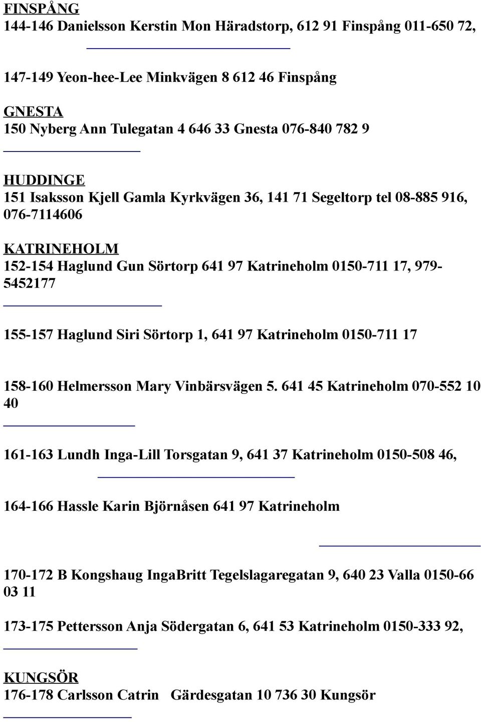 641 97 Katrineholm 0150-711 17 158-160 Helmersson Mary Vinbärsvägen 5.