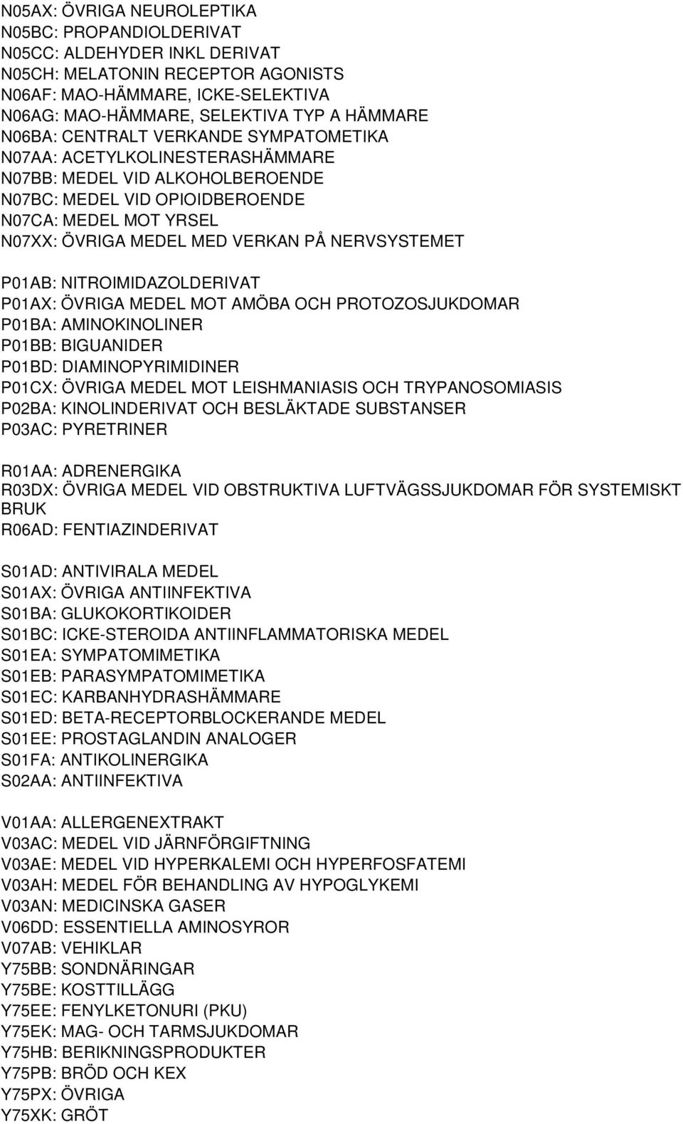 NERVSYSTEMET P01AB: NITROIMIDAZOLDERIVAT P01AX: ÖVRIGA MEDEL MOT AMÖBA OCH PROTOZOSJUKDOMAR P01BA: AMINOKINOLINER P01BB: BIGUANIDER P01BD: DIAMINOPYRIMIDINER P01CX: ÖVRIGA MEDEL MOT LEISHMANIASIS OCH