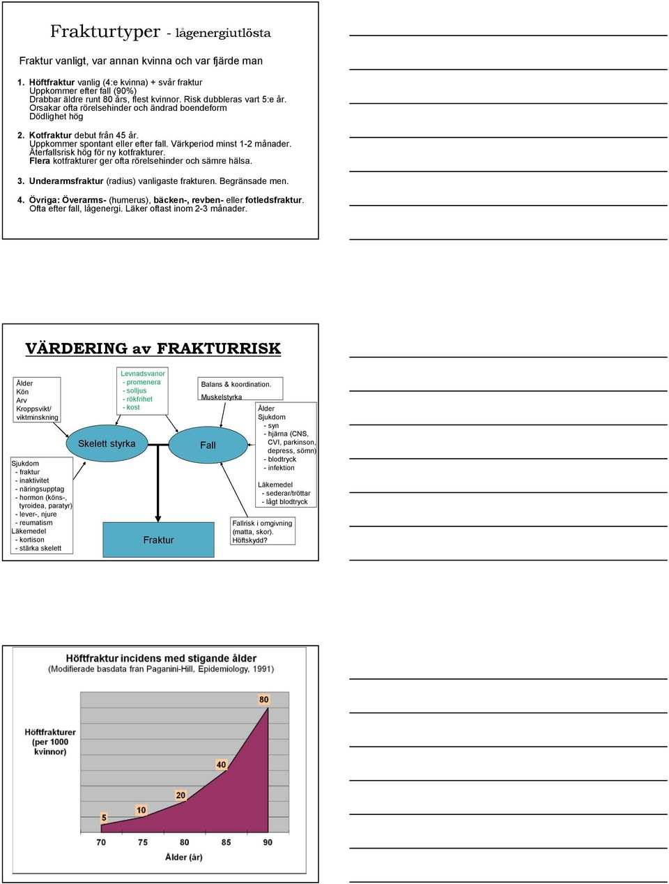 Orsakar ofta rörelsehinder och ändrad boendeform Dödlighet hög 2. Kotfraktur debut från 45 år. Uppkommer spontant eller efter fall. Värkperiod minst 1-2 månader. Återfallsrisk hög för ny kotfrakturer.