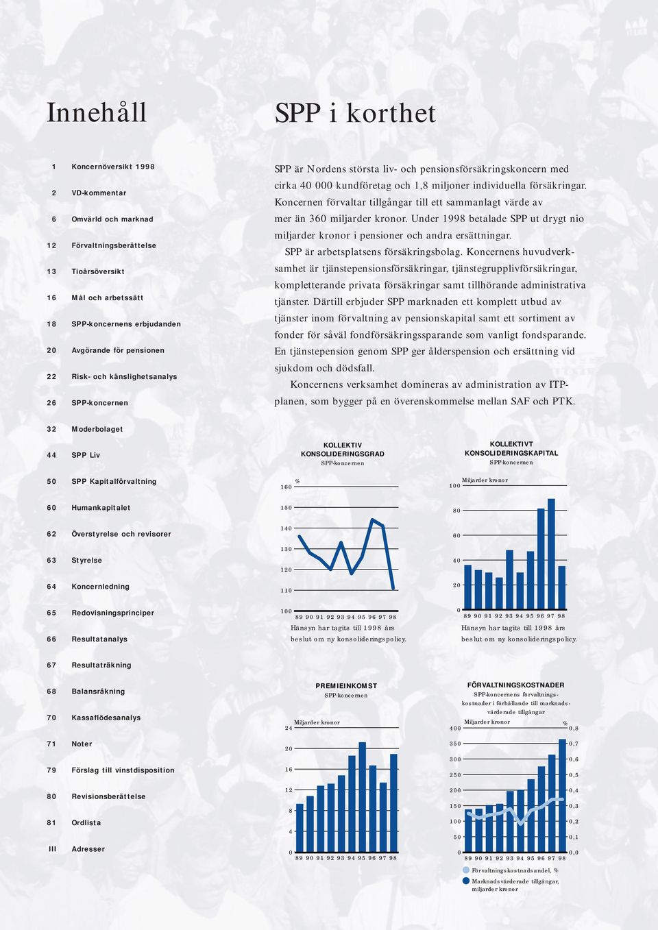 Koncernen förvaltar tillgångar till ett sammanlagt värde av mer än 360 miljarder kronor. Under 1998 betalade SPP ut drygt nio miljarder kronor i pensioner och andra ersättningar.