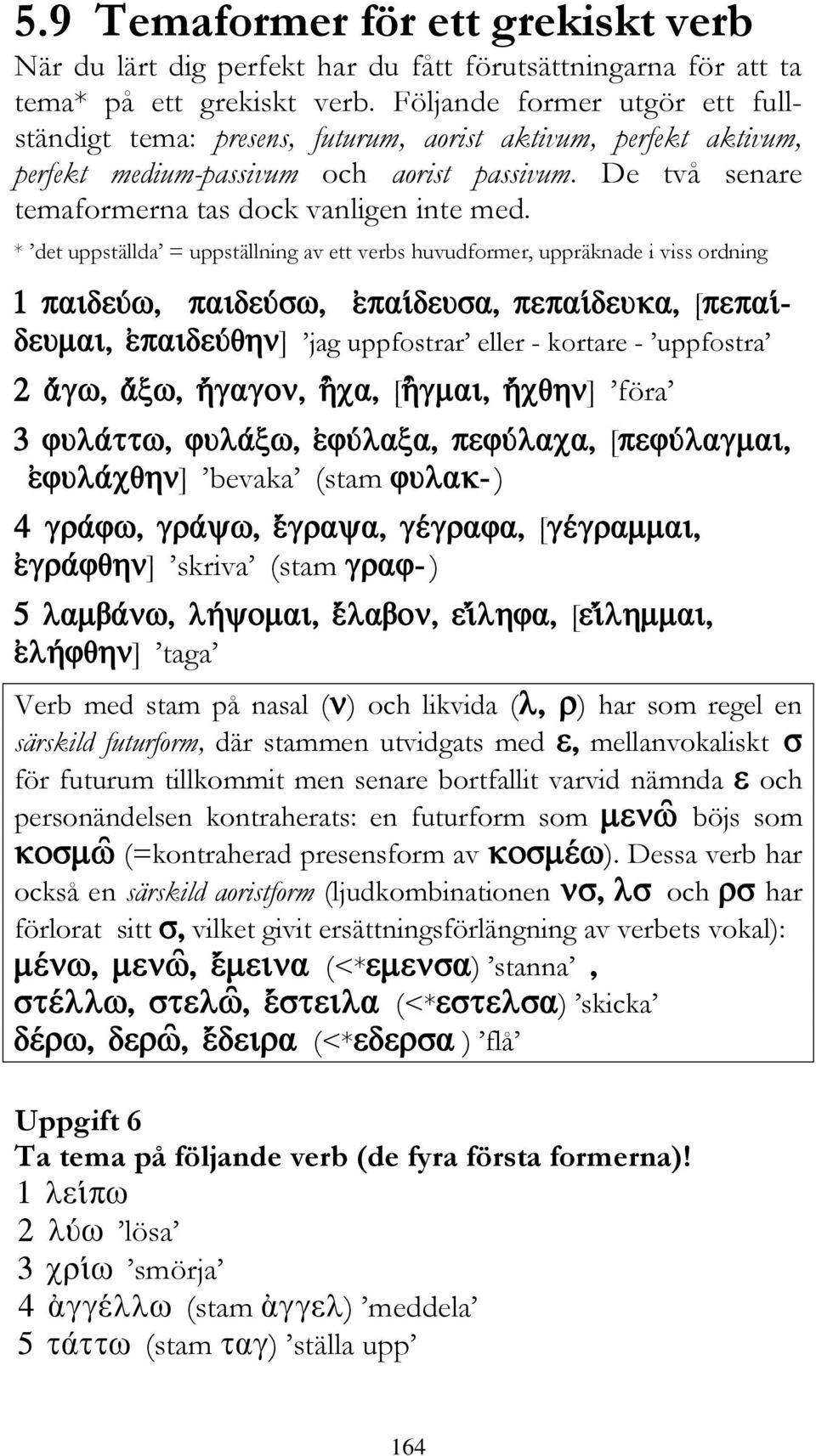 * det uppställda = uppställning av ett verbs huvudformer, uppräknade i viss ordning [ ] jag uppfostrar eller - kortare - uppfostra [ ] föra [ ] bevaka (stam ) [ ] skriva (stam ) [ ] taga Verb med