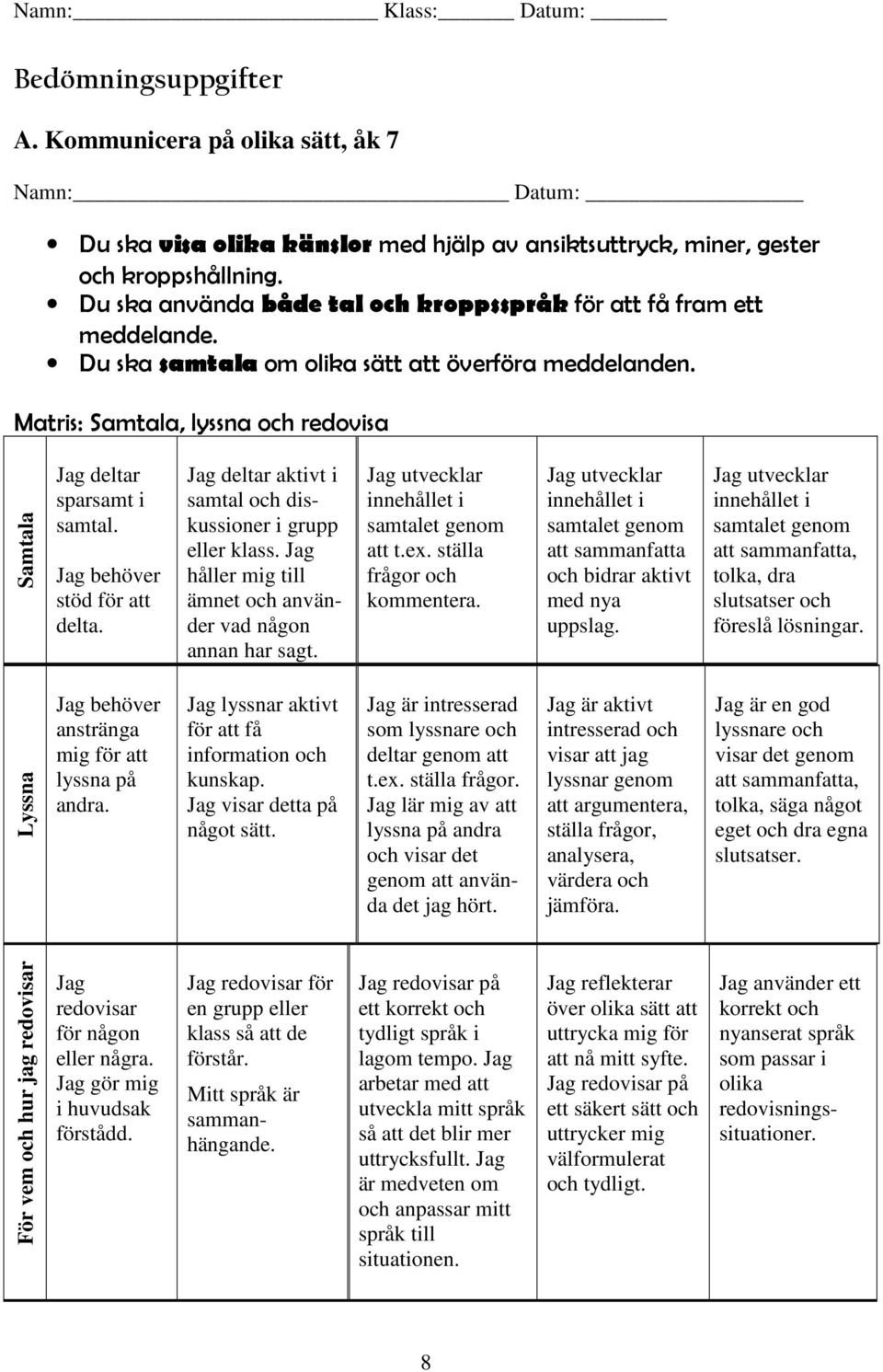 Matris: Samtala, lyssna och redovisa Samtala Jag deltar sparsamt i samtal. Jag behöver stöd för att delta. Jag deltar aktivt i samtal och diskussioner i grupp eller klass.