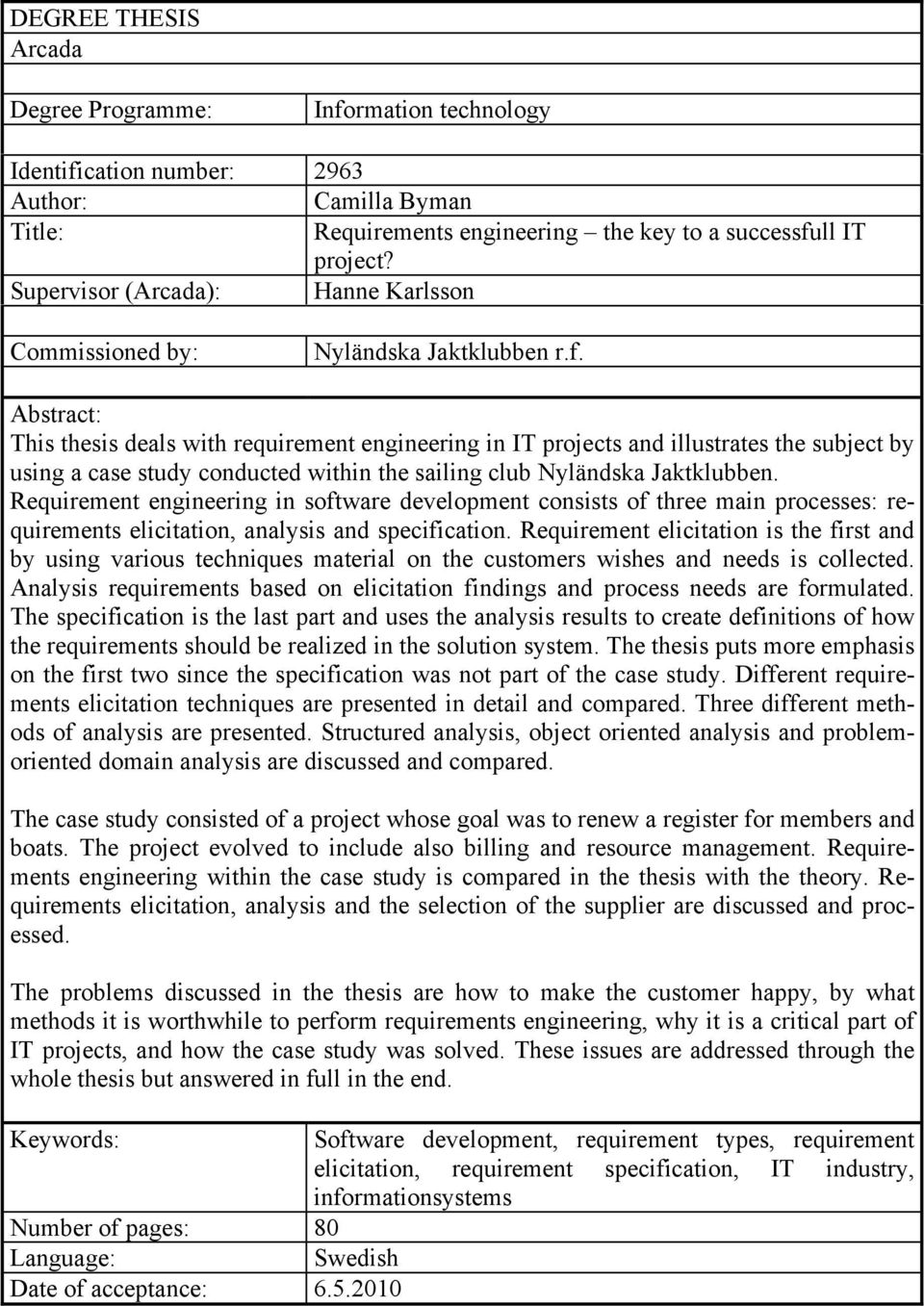 Abstract: This thesis deals with requirement engineering in IT projects and illustrates the subject by using a case study conducted within the sailing club Nyländska Jaktklubben.