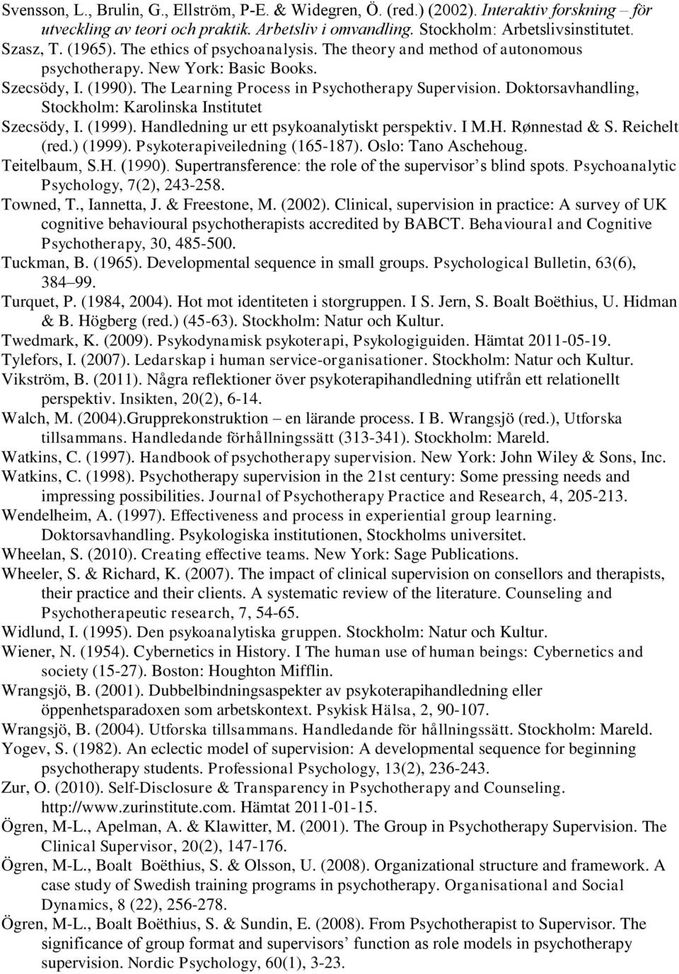 Doktorsavhandling, Stockholm: Karolinska Institutet Szecsödy, I. (1999). Handledning ur ett psykoanalytiskt perspektiv. I M.H. Rønnestad & S. Reichelt (red.) (1999). Psykoterapiveiledning (165-187).