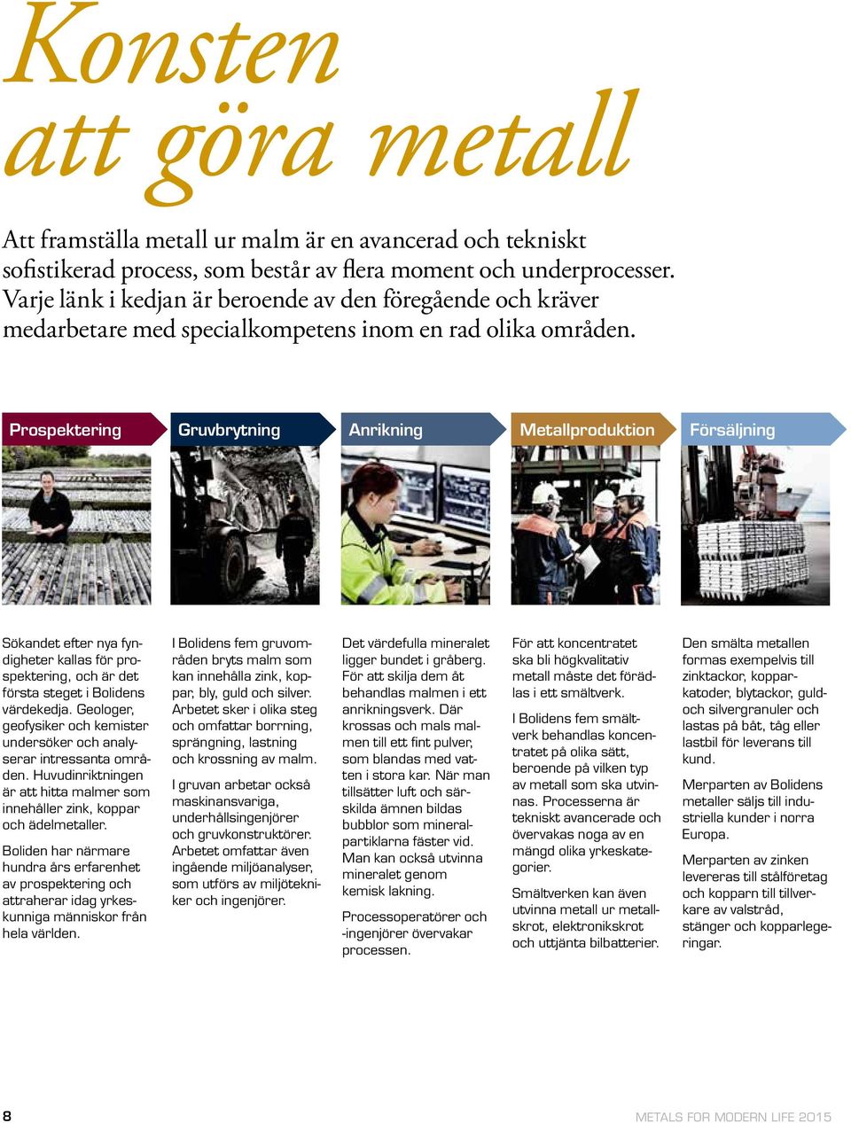 Prospektering Gruvbrytning Anrikning Metallproduktion Försäljning Sökandet efter nya fyndigheter kallas för prospektering, och är det första steget i Bolidens värdekedja.