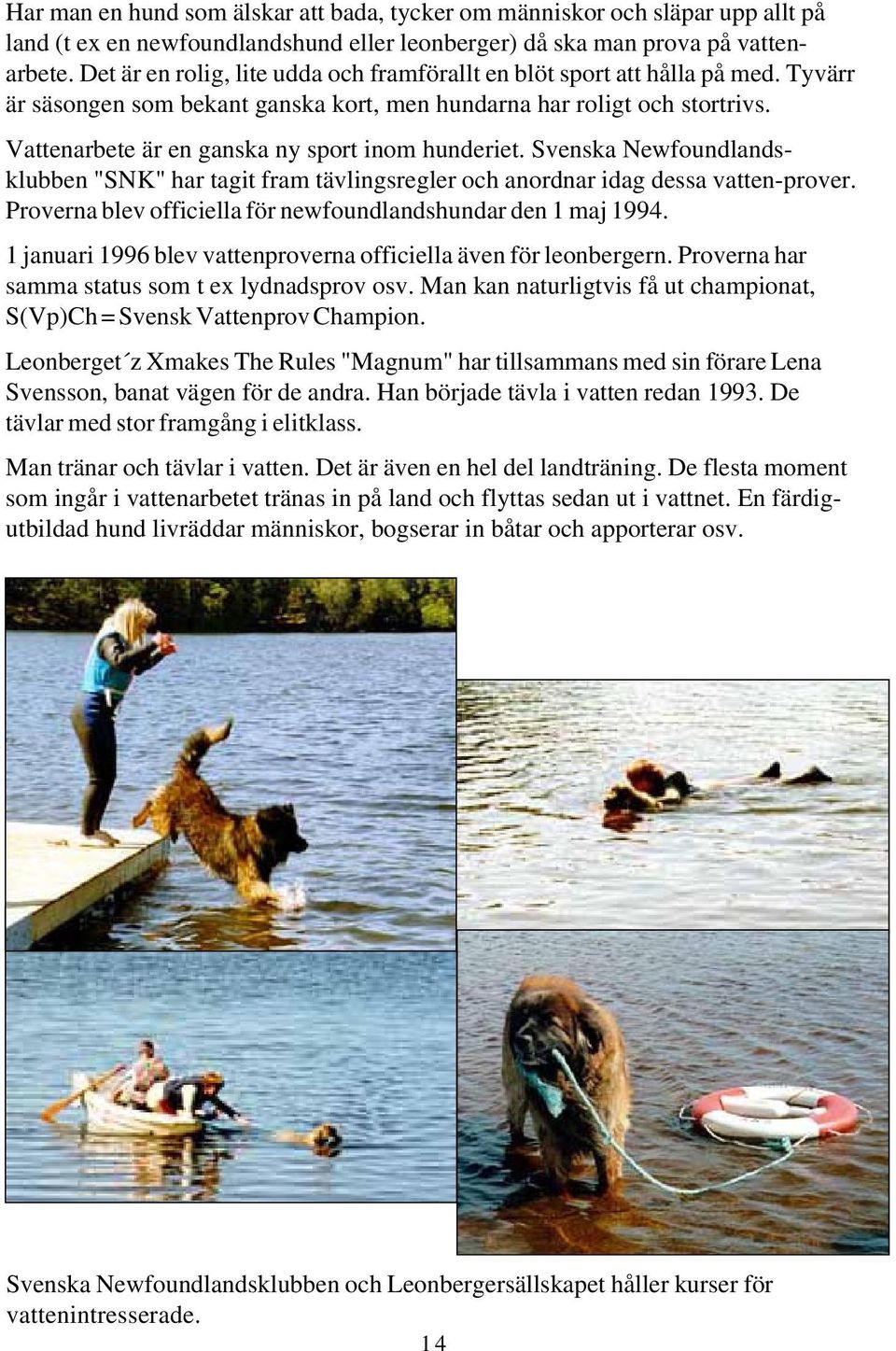 Vattenarbete är en ganska ny sport inom hunderiet. Svenska Newfoundlandsklubben "SNK" har tagit fram tävlingsregler och anordnar idag dessa vatten-prover.