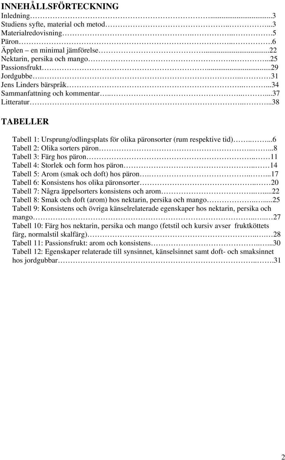 ....6 Tabell 2: Olika sorters päron.....8 Tabell 3: Färg hos päron.. 11 Tabell 4: Storlek och form hos päron.. 14 Tabell 5: Arom (smak och doft) hos päron.