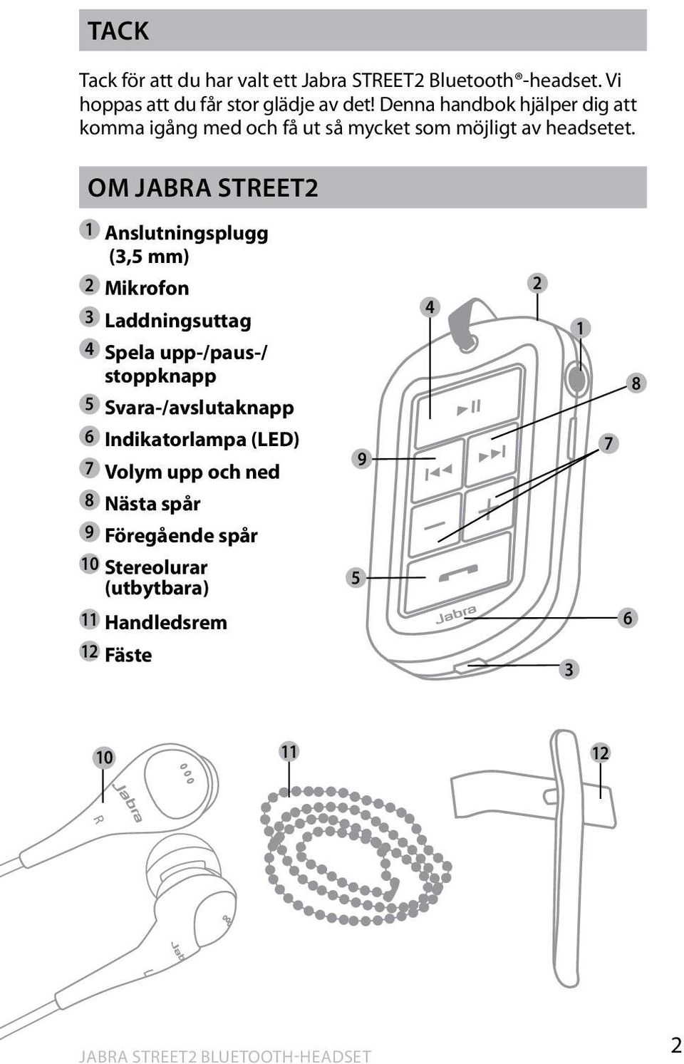 Om Jabra STREET2 1 Anslutningsplugg (3,5 mm) 2 Mikrofon 3 Laddningsuttag 4 Spela upp-/paus-/ stoppknapp 5