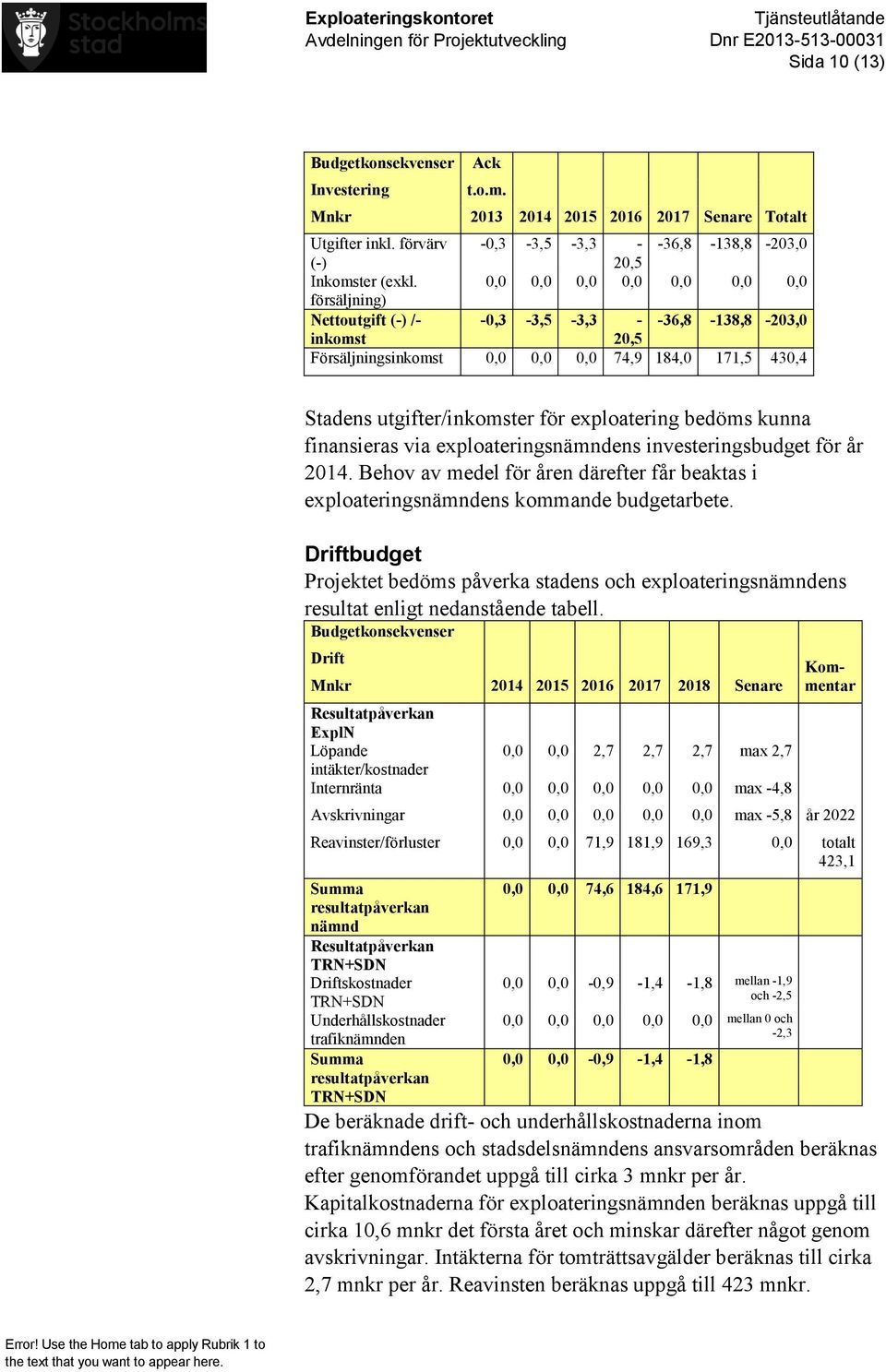 exploatering bedöms kunna finansieras via exploateringsnämndens investeringsbudget för år 2014. Behov av medel för åren därefter får beaktas i exploateringsnämndens kommande budgetarbete.