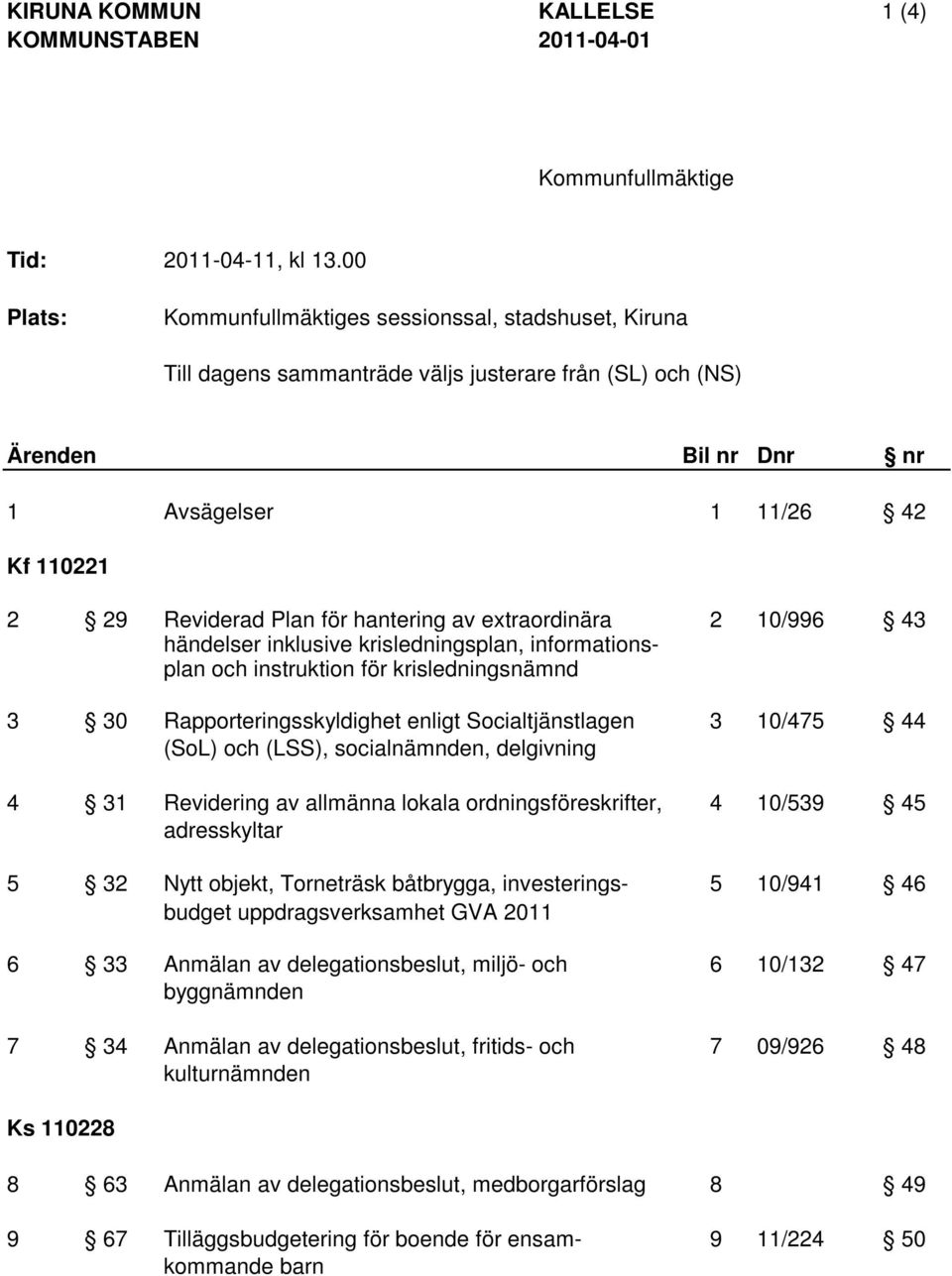 hantering av extraordinära 2 10/996 43 händelser inklusive krisledningsplan, informationsplan och instruktion för krisledningsnämnd 3 30 Rapporteringsskyldighet enligt Socialtjänstlagen 3 10/475 44