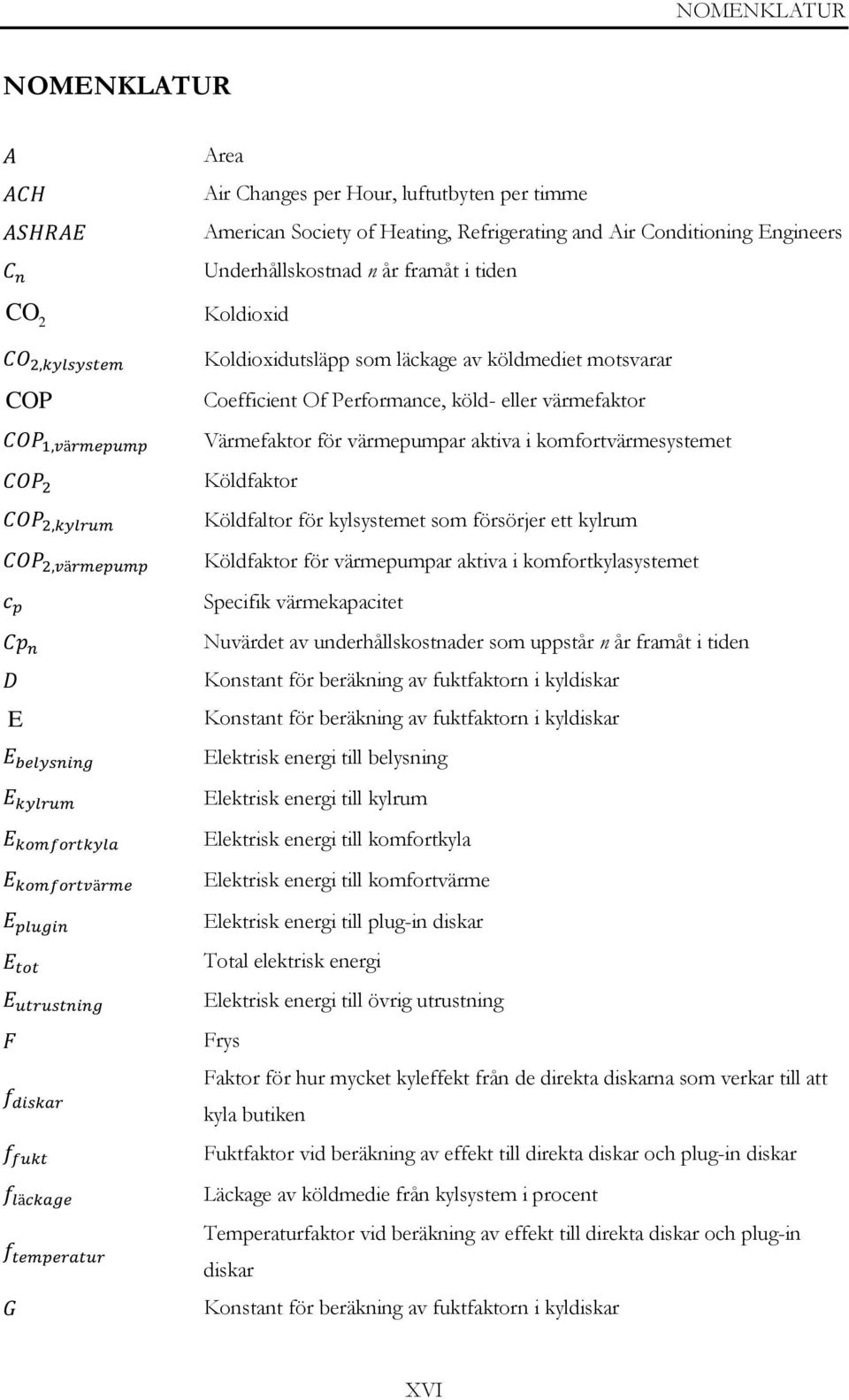 kylsystemet som försörjer ett kylrum Köldfaktor för värmepumpar aktiva i komfortkylasystemet Specifik värmekapacitet Nuvärdet av underhållskostnader som uppstår n år framåt i tiden Konstant för