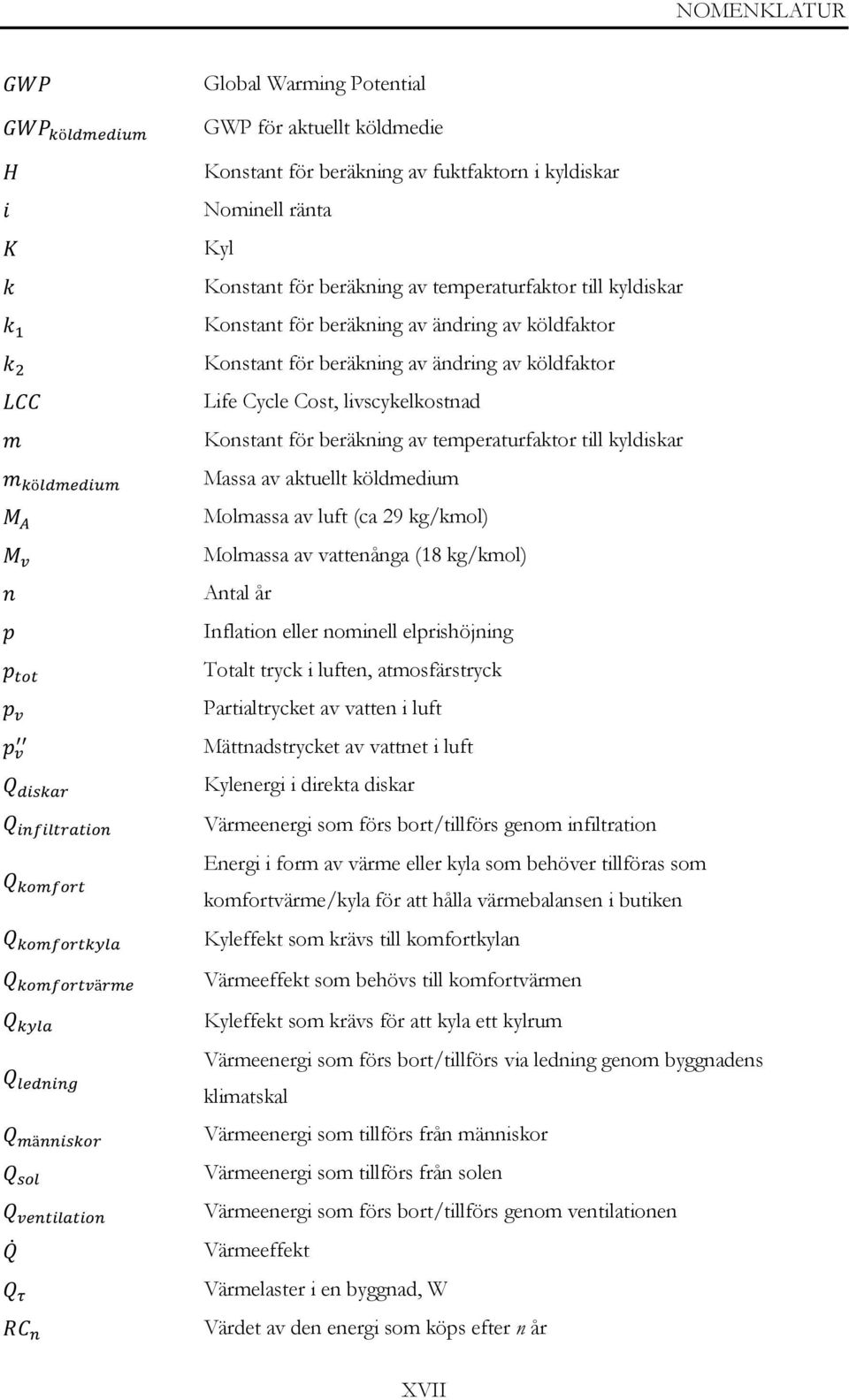 köldmedium Molmassa av luft (ca 29 kg/kmol) Molmassa av vattenånga (18 kg/kmol) Antal år Inflation eller nominell elprishöjning Totalt tryck i luften, atmosfärstryck Partialtrycket av vatten i luft