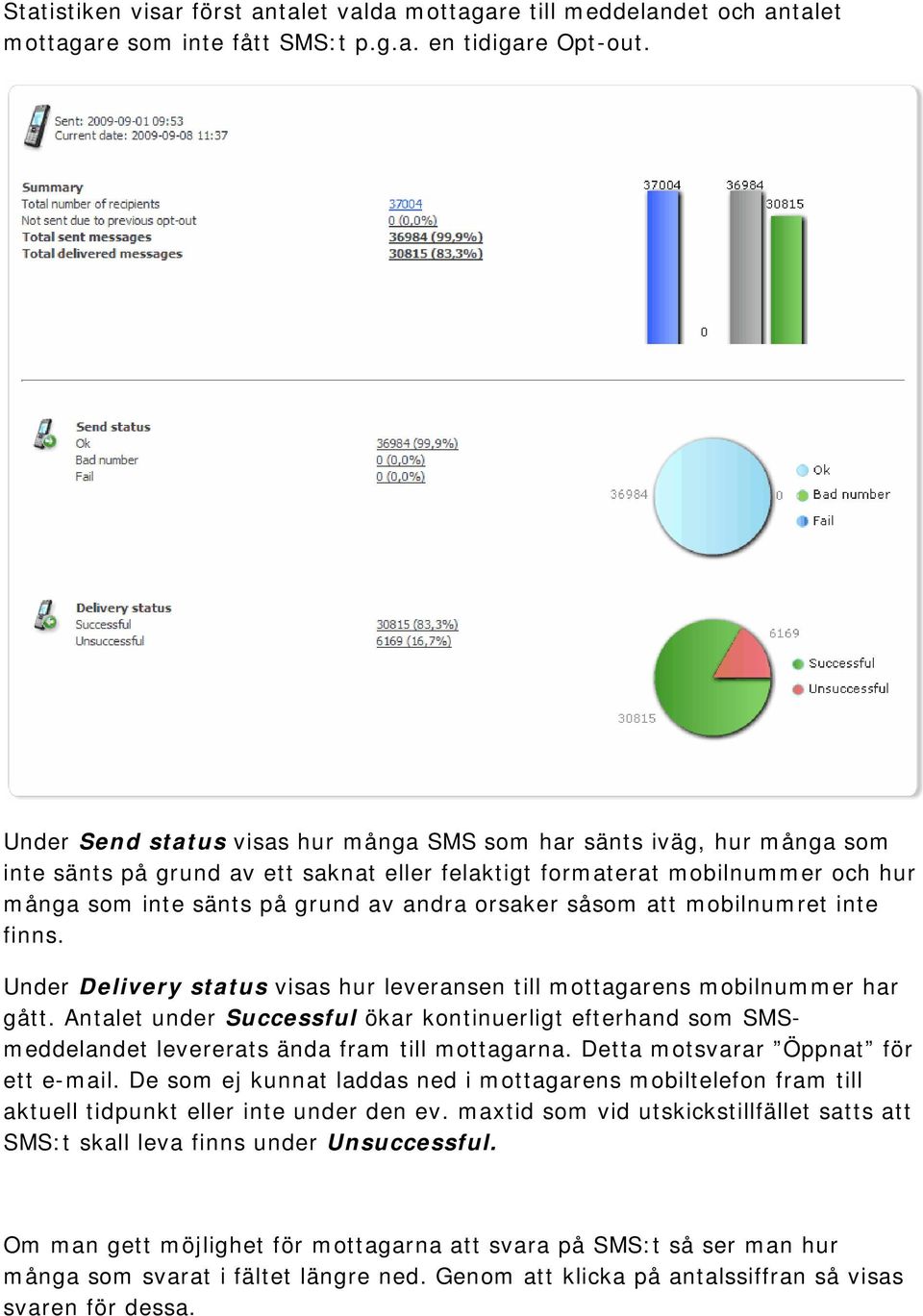 såsom att mobilnumret inte finns. Under Delivery status visas hur leveransen till mottagarens mobilnummer har gått.