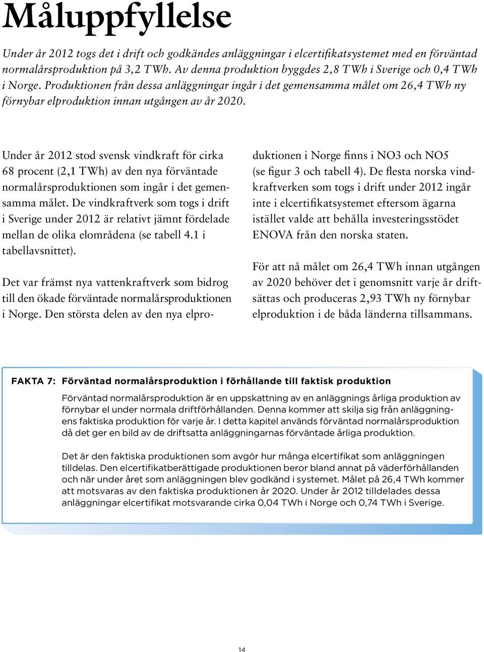 Under år 212 stod svensk vindkraft för cirka 68 procent (2,1 TWh) av den nya förväntade normalårsproduktionen som ingår i det gemensamma målet.