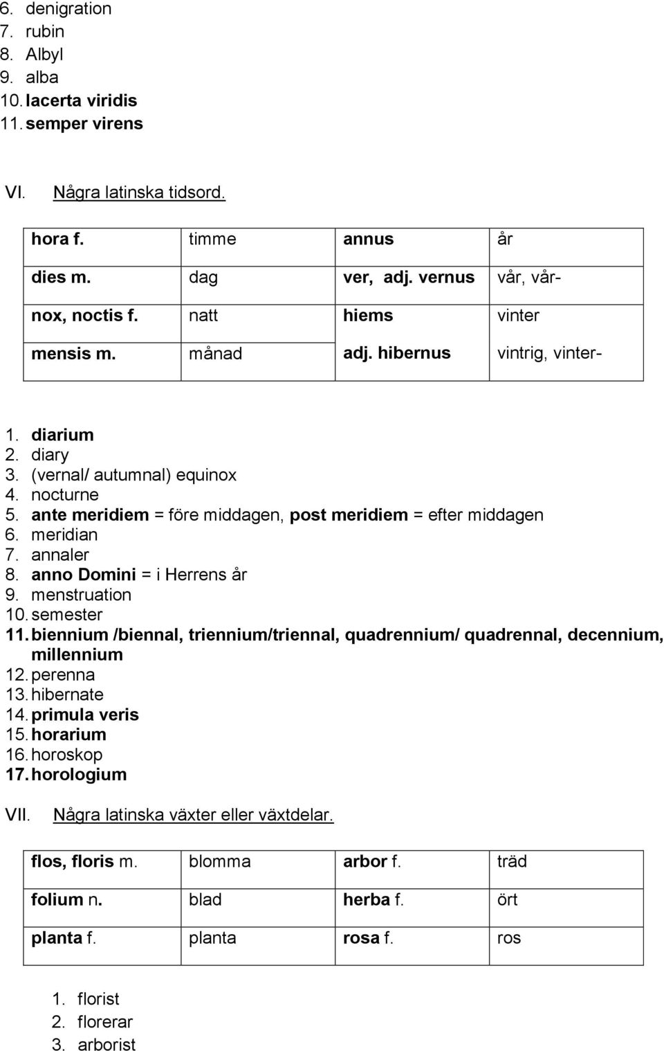 meridian 7. annaler 8. anno Domini = i Herrens år 9. menstruation 10. semester 11. biennium /biennal, triennium/triennal, quadrennium/ quadrennal, decennium, millennium 12. perenna 13. hibernate 14.