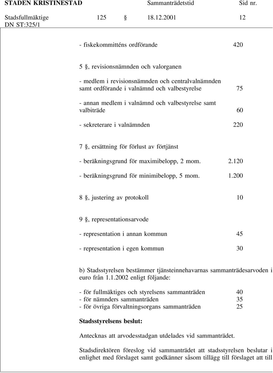 2001 12 DN ST:325/1 - fiskekommitténs ordförande 420 5, revisionsnämnden och valorganen - medlem i revisionsnämnden och centralvalnämnden samt ordförande i valnämnd och valbestyrelse 75 - annan