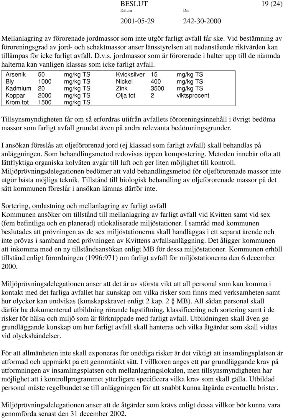 Arsenik 50 mg/kg TS Kvicksilver 15 mg/kg TS Bly 1000 mg/kg TS Nickel 400 mg/kg TS Kadmium 20 mg/kg TS Zink 3500 mg/kg TS Koppar 2000 mg/kg TS Olja tot 2 viktsprocent Krom tot 1500 mg/kg TS