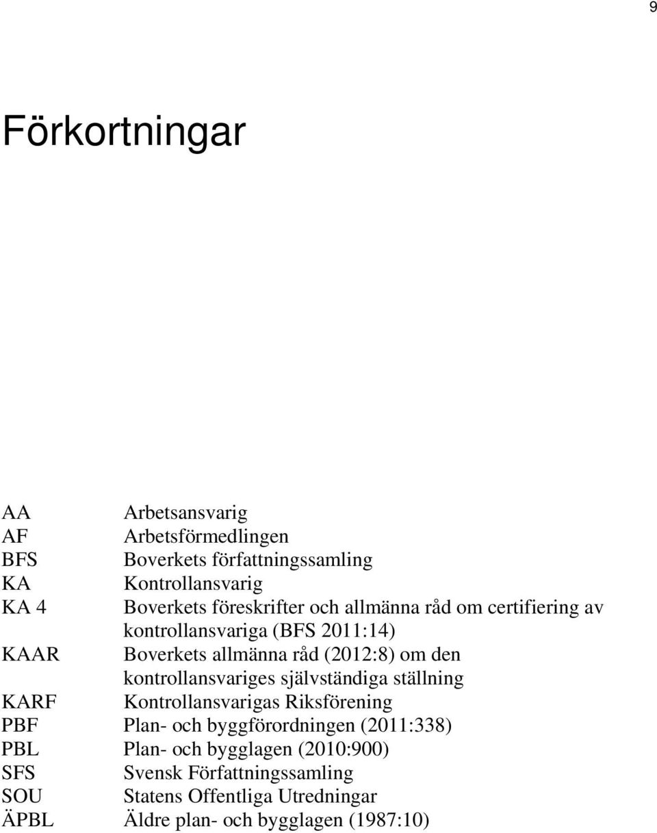 kontrollansvariges självständiga ställning KARF Kontrollansvarigas Riksförening PBF Plan- och byggförordningen (2011:338) PBL