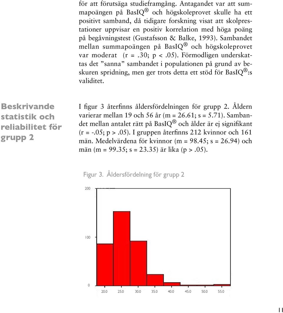 begåvningstest (Gustafsson & Balke, 1993). Sambandet mellan summapoängen på BasIQ och högskoleprovet var moderat (r =.30; p <.05).