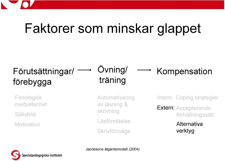 skrivning Läsförståelse Skrivförmåga Kompensation Intern: Extern: Coping