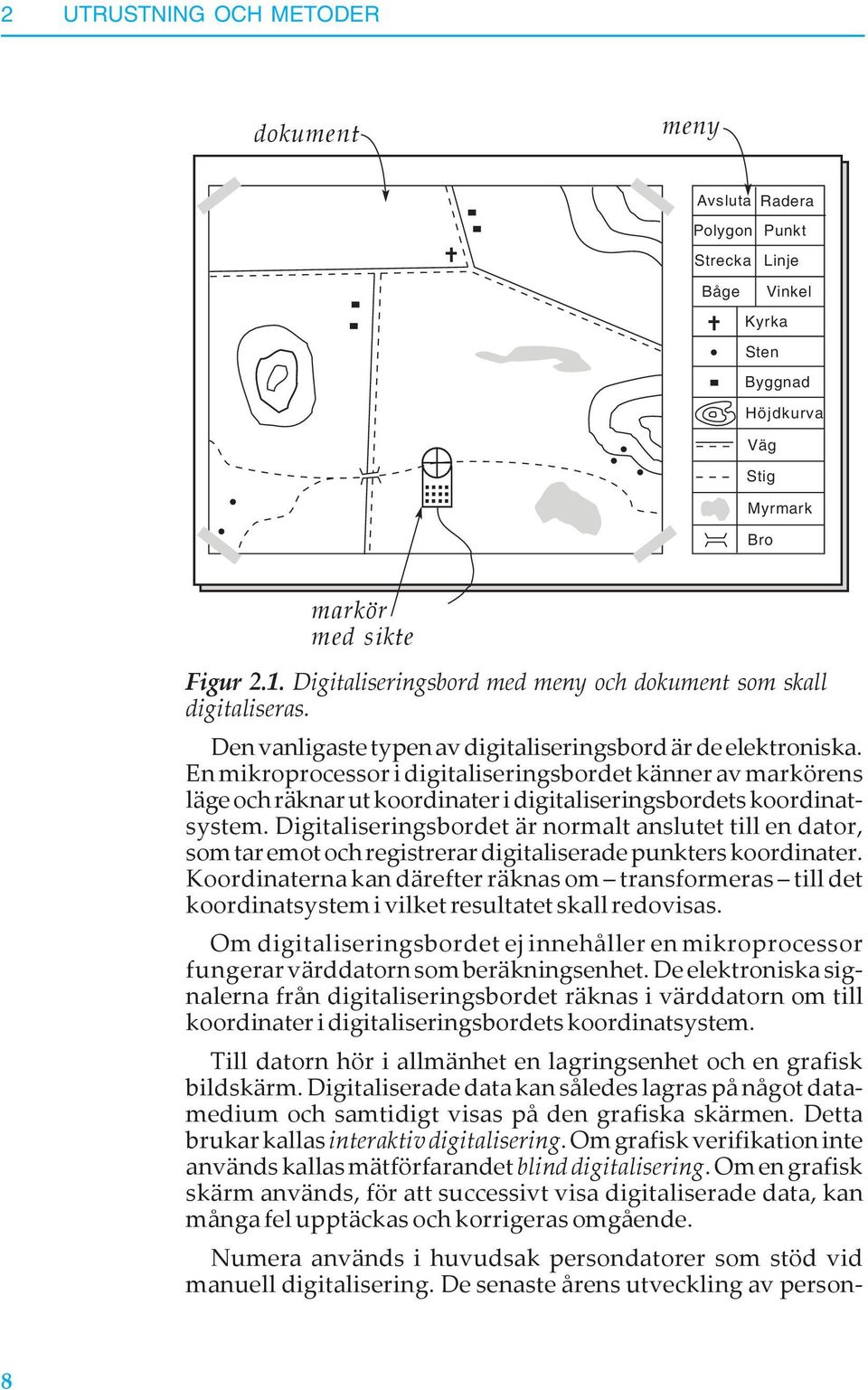 En mikroprocessor i digitaliseringsbordet känner av markörens läge och räknar ut koordinater i digitaliseringsbordets koordinatsystem.