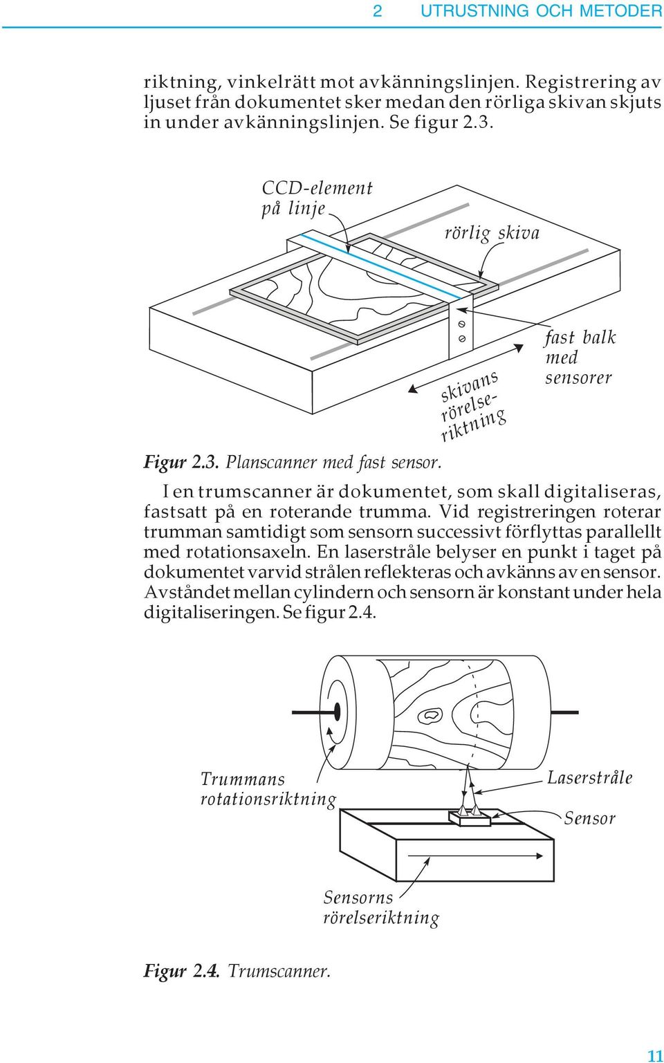 I en trumscanner är dokumentet, som skall digitaliseras, fastsatt på en roterande trumma. Vid registreringen roterar trumman samtidigt som sensorn successivt förflyttas parallellt med rotationsaxeln.