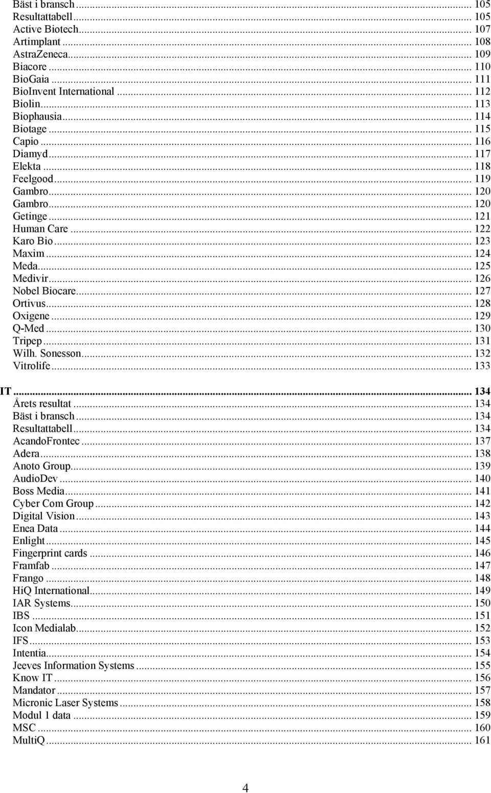 .. 126 Nobel Biocare... 127 Ortivus... 128 Oxigene... 129 Q-Med... 130 Tripep... 131 Wilh. Sonesson... 132 Vitrolife... 133 IT... 134 Årets resultat... 134 Bäst i bransch... 134 Resultattabell.