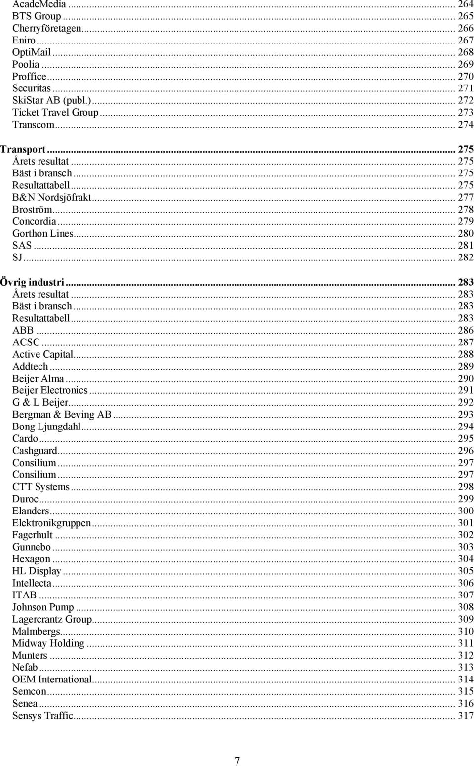 .. 282 Övrig industri... 283 Årets resultat... 283 Bäst i bransch... 283 Resultattabell... 283 ABB... 286 ACSC... 287 Active Capital... 288 Addtech... 289 Beijer Alma... 290 Beijer Electronics.