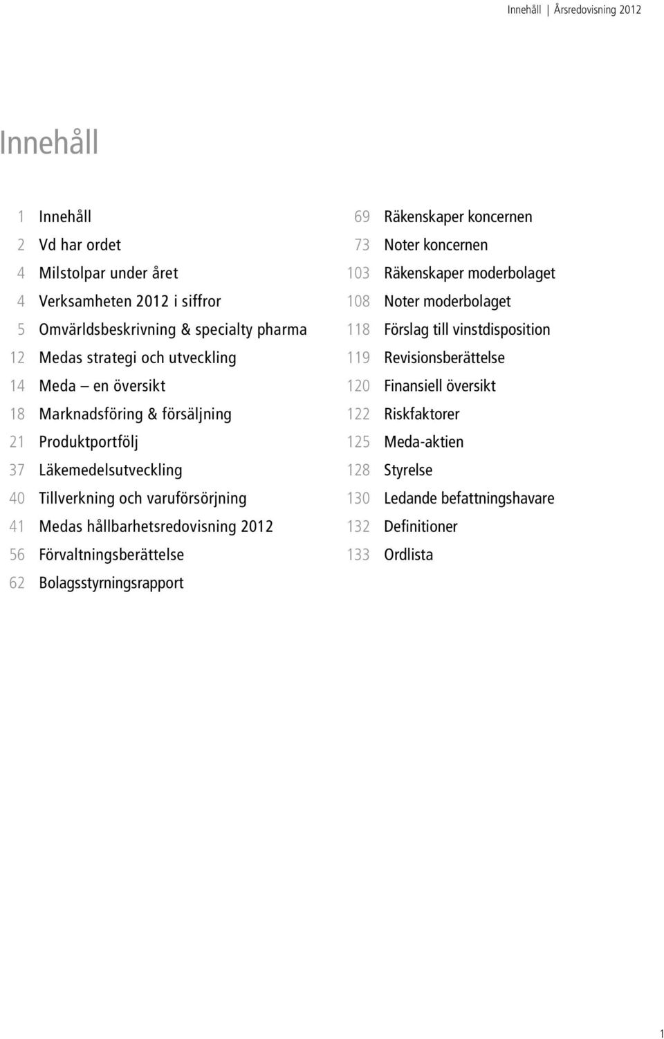 hållbarhetsredovisning 2012 56 Förvaltningsberättelse 62 Bolagsstyrningsrapport 69 Räkenskaper koncernen 73 Noter koncernen 103 Räkenskaper moderbolaget 108 Noter