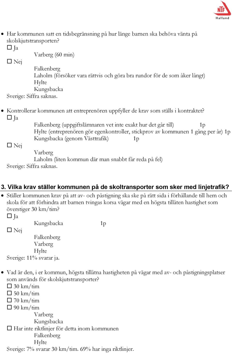 (uppgiftslämnaren vet inte exakt hur det går till) (entreprenören gör egenkontroller, stickprov av kommunen 1 gång per år) (genom Västtrafik) (liten kommun där man snabbt får reda på fel) 3.