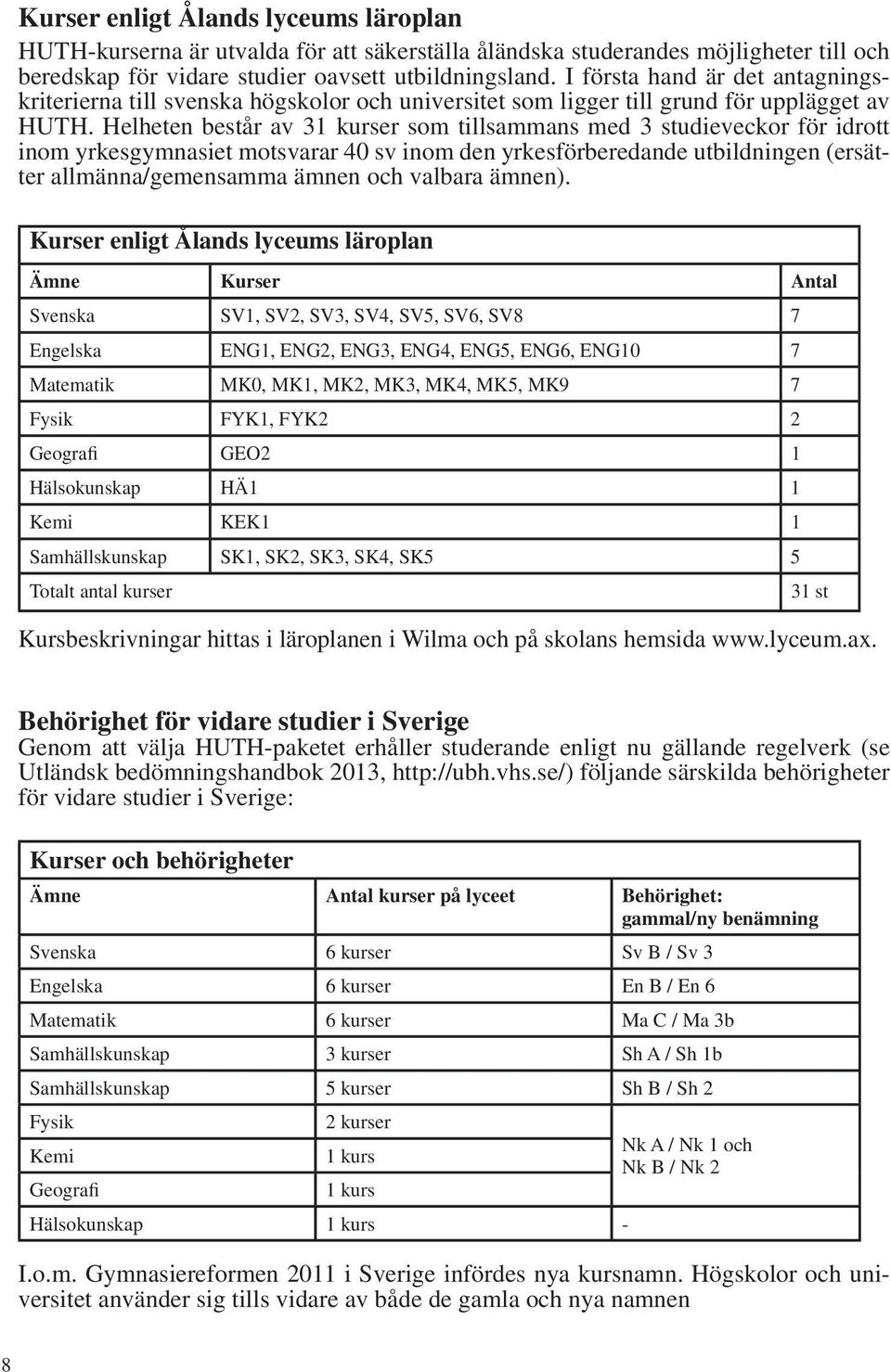 Helheten består av 31 kurser som tillsammans med 3 studieveckor för idrott inom yrkesgymnasiet motsvarar 40 sv inom den yrkesförberedande utbildningen (ersätter allmänna/gemensamma ämnen och valbara