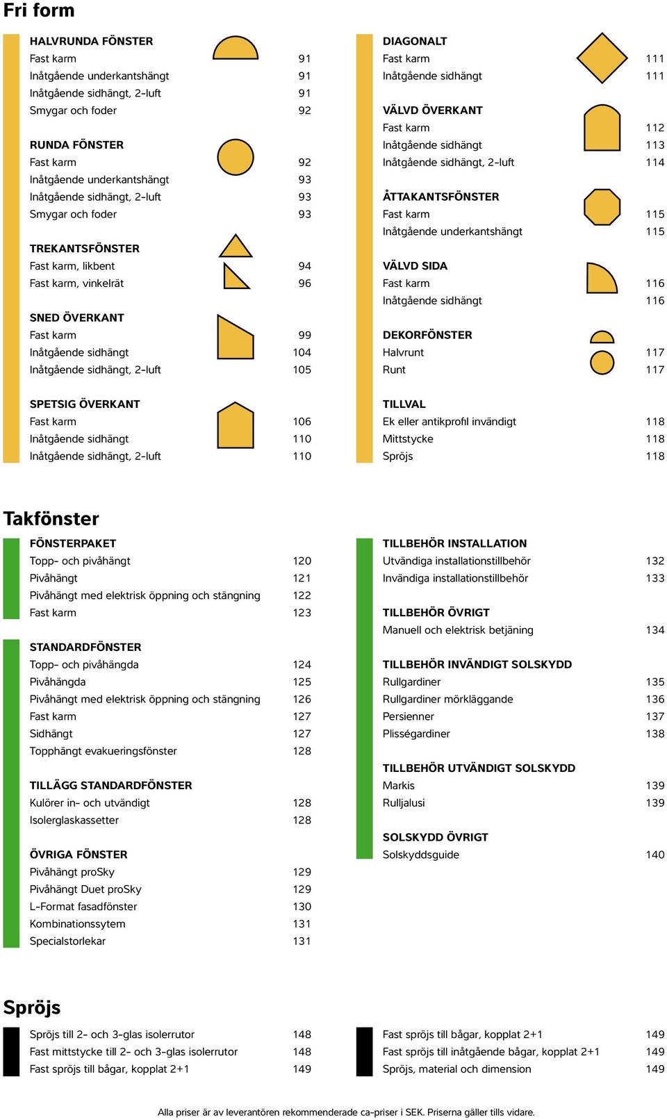 Inåtgående sidhängt 111 VÄLVD ÖVERKANT Fast karm 112 Inåtgående sidhängt 113 Inåtgående sidhängt, 2-luft 114 ÅTTAKANTSFÖNSTER Fast karm 115 Inåtgående underkantshängt 115 VÄLVD SIDA Fast karm 116