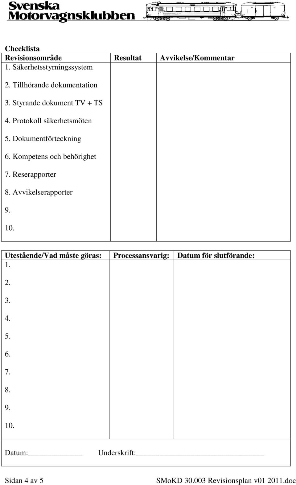 Dokumentförteckning 6. Kompetens och behörighet 7. Reserapporter 8. Avvikelserapporter 9. 10.